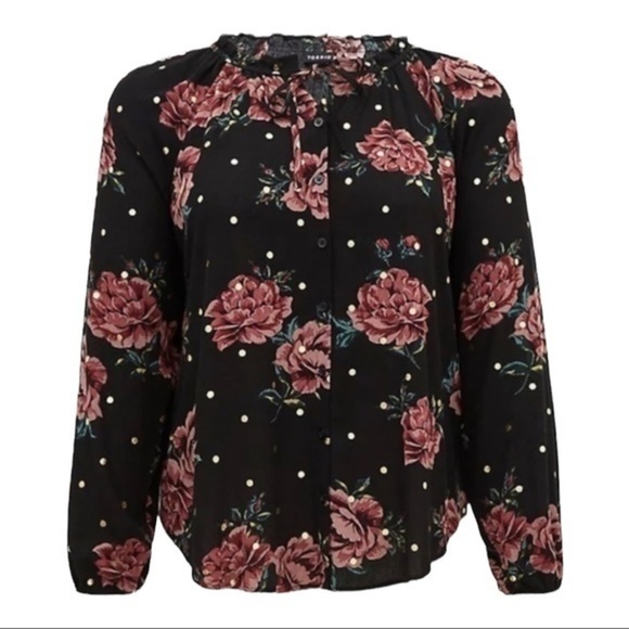 TORRID BLACK FLORAL  GOLD DOT GAUZE PEASANT BLOUSE - Picture 1 of 9